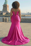 Fuchsia Mermaid Corset Spaghetti Straps Plus Size Prom Dress with Slit