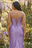 Fuchsia Mermaid Corset Spaghetti Straps Plus Size Prom Dress with Slit