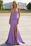 Fuchsia Mermaid Corset Spaghetti Straps Plus Size Prom Dress with Slit