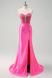 Fuchsia Sweetheart Mermaid Satin Long Corset Formal Dress with Appliques