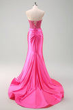 Fuchsia Sweetheart Mermaid Satin Long Corset Formal Dress with Appliques