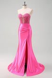 Fuchsia Sweetheart Mermaid Satin Long Corset Formal Dress with Appliques