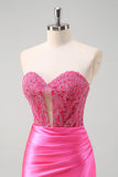 Fuchsia Sweetheart Mermaid Satin Long Corset Formal Dress with Appliques