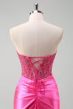 Fuchsia Sweetheart Mermaid Satin Long Corset Formal Dress with Appliques