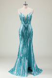 Sparkly Blue Mermaid Spaghetti Straps Long Formal Dress with Sequins