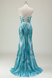 Sparkly Blue Mermaid Spaghetti Straps Long Formal Dress with Sequins