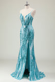 Sparkly Blue Mermaid Spaghetti Straps Long Formal Dress with Sequins