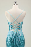 Sparkly Blue Mermaid Spaghetti Straps Long Formal Dress with Sequins