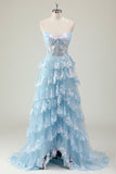 Glitter Blue A Line Strapless Sequin Corset Tiered Long Formal Dress