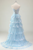 Strapless Blue A Line Sequin Corset Tiered Long Formal Dress