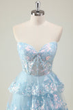 Glitter Blue A Line Strapless Sequin Corset Tiered Long Formal Dress