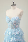 Glitter Blue A Line Strapless Sequin Corset Tiered Long Formal Dress