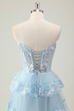 Glitter Blue A Line Strapless Sequin Corset Tiered Long Formal Dress