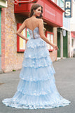 Strapless Blue A Line Sequin Corset Tiered Long Formal Dress