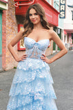 Strapless Blue A Line Sequin Corset Tiered Long Formal Dress