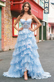 Strapless Blue A Line Sequin Corset Tiered Long Formal Dress