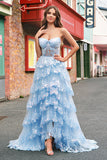 Strapless Blue A Line Sequin Corset Tiered Long Formal Dress