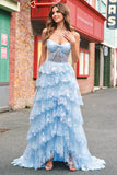 Strapless Blue A Line Sequin Corset Tiered Long Formal Dress