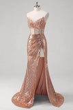 Sparkly Rose Golden Mermaid Corset Long Formal Dress With Sequins