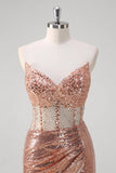 Sparkly Rose Golden Mermaid Corset Long Formal Dress With Sequins