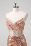 Sparkly Rose Golden Mermaid Corset Long Formal Dress With Sequins