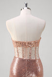 Sparkly Rose Golden Mermaid Corset Long Formal Dress With Sequins