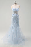 Blue Mermaid Spaghetti Straps Tulle Long Corset Formal Dress with 3D Flowers