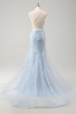 Blue Mermaid Spaghetti Straps Tulle Long Corset Formal Dress with 3D Flowers