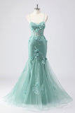 Blue Mermaid Corset Tulle Long Plus Size Prom Dress with 3D Flowers