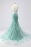 Blue Mermaid Spaghetti Straps Tulle Long Corset Formal Dress with 3D Flowers