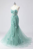 Blue Mermaid Corset Tulle Long Plus Size Prom Dress with 3D Flowers