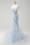 Blue Mermaid Spaghetti Straps Tulle Long Corset Formal Dress with 3D Flowers