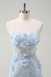 Blue Mermaid Spaghetti Straps Tulle Long Corset Formal Dress with 3D Flowers