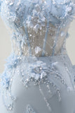 Blue Mermaid Spaghetti Straps Tulle Long Corset Formal Dress with 3D Flowers