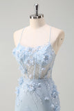 Blue Mermaid Spaghetti Straps Tulle Long Corset Formal Dress with 3D Flowers