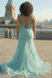 Blue Mermaid Spaghetti Straps Tulle Long Corset Formal Dress with 3D Flowers