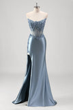 Sparkly Grey Blue Mermaid Beaded Strapless Metallic Formal Dress with Slit