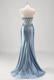 Sparkly Grey Blue Mermaid Beaded Strapless Metallic Formal Dress with Slit