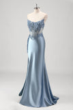 Sparkly Grey Blue Mermaid Beaded Strapless Metallic Formal Dress with Slit