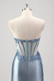 Sparkly Grey Blue Mermaid Beaded Strapless Metallic Formal Dress with Slit