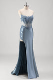 Sparkly Grey Blue Mermaid Beaded Strapless Metallic Formal Dress with Slit