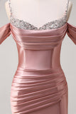 Glitter Blush Mermaid Beaded Spaghetti Straps Long Formal Dress