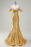 Sparkly Golden Mermaid Cold Shoulder Sequined Ruched Satin Long Formal Dress