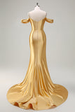 Sparkly Golden Mermaid Cold Shoulder Sequined Ruched Satin Long Formal Dress