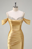 Sparkly Golden Mermaid Cold Shoulder Sequined Ruched Satin Long Formal Dress