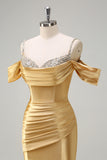 Sparkly Golden Mermaid Cold Shoulder Sequined Ruched Satin Long Formal Dress