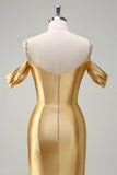 Sparkly Golden Mermaid Cold Shoulder Sequined Ruched Satin Long Formal Dress