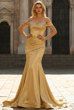 Golden Mermaid Ruched Cold Shoulder Satin Long Prom Dress with Sequins