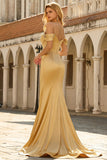 Sparkly Golden Mermaid Cold Shoulder Sequined Ruched Satin Long Formal Dress