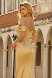 Golden Mermaid Ruched Cold Shoulder Satin Long Prom Dress with Sequins